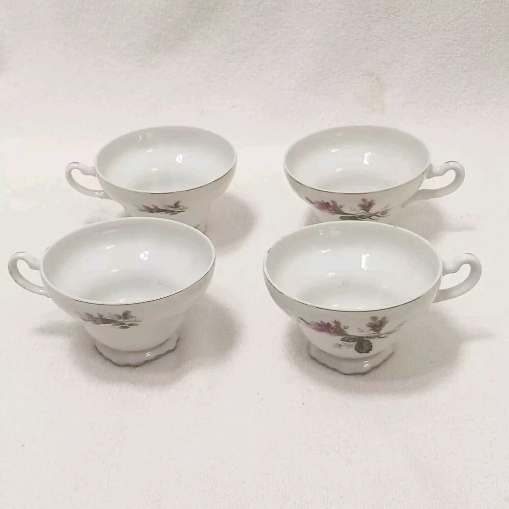 Japan Moss Rose 4 Tea Cup SET with Saucers Made In Handpainted Porcelain VINTAGE